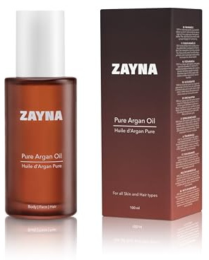 ZAYNA Pure Argan Oil Bio 100ml | für Haare, Gesicht & Körper 100 % reines kaltgepresstes Arganöl aus Marokko | Dermatologisch getestet, reich an Vitamin E | In der Schweiz abgefüllt