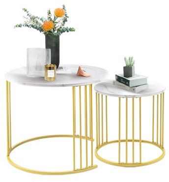 Youyijia Satztisch-Couchtisch, 2er-Set, runder Tisch, moderner Beistelltisch, Nachttisch für Schlafzimmer, Esszimmer (Marmorweiß)