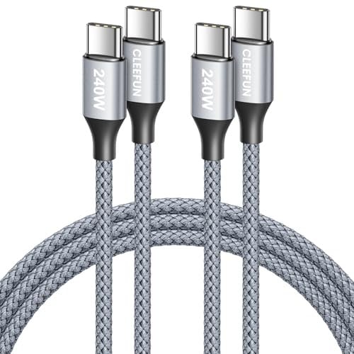 CLEEFUN 240W USB C to USB C Cable (1m, 2Pack), 3ft PD3.1 Super Fast Charging Type C to Type C Charger Cord for iPhone 16/15 Pro, MacBook iPad Pro/Air/Mini, Galaxy S25 S24 S23 S22 +, Steam deck(Grey)