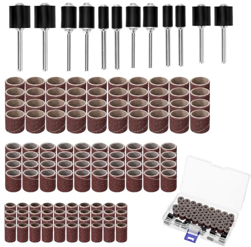 QWORK® 132 Stück Schleifhülse Satz, 120 Schleifbändern in verschiedenen Größen und 12 Schleifwalzen, Kompatibel mit Dremel Drehwerkzeug