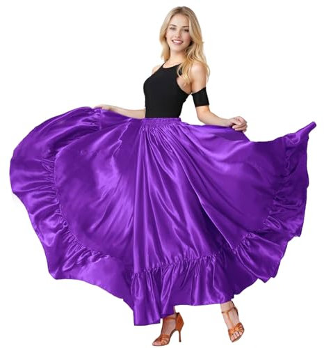 Baisdan Gonna da Donna in Raso con Volant per Danza del Ventre, Flamenco, Folklorica Messicana e Danza del Toro Spagnolo Viola
