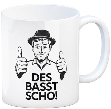 Mann mit Daumen hoch Des basst scho Kaffeebecher Humorvolle Tasse für Büro und Alltag - lustiger Spruch