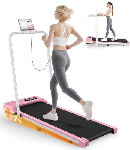 HomeFitnessCode Folding Treadmill with Incline,Walking Pad 2.5HP Under Desk Treadmills for Home,1-8km/h Speed Range,LED Display & Remote Control,No Assembly (Pink-Incline)
