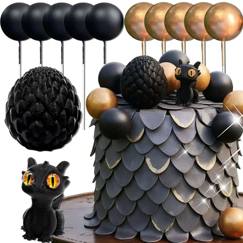 Fantasy Dragon Cake Topper Dragon Eggs Cake Decor Golden Black Balls Decor | for Baby Shower Birthday Wedding Party Supplies