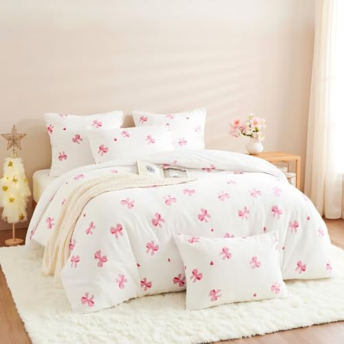 Nayoroom Winter Bettwäsche 140x200 Weiß mit Rosa Schleifen Flanell Fleece Bettwäsche Set 2 Teilig Weiss Cashmere Touch Warm Plüsch Biber Bettbezug Flauschige Pink Wendebettwäsche und Kissenbezug 70x90