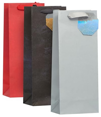 UK Greetings | Multipack of 3 Bottle Bags | Red, Silver & Black Design | Party Bags For Presents | Christmas Gifts | 13.3 x 32.7 x 8.3 cm