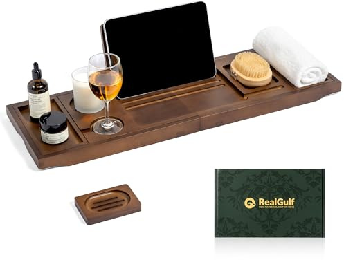 Realgulf Bamboo Bathtub Tray, Bath Caddy with Wine Glass Holder, Phone Dock & Book Stand | Hands-Free Reading & Ultimate Spa Relaxation Experience-Brown