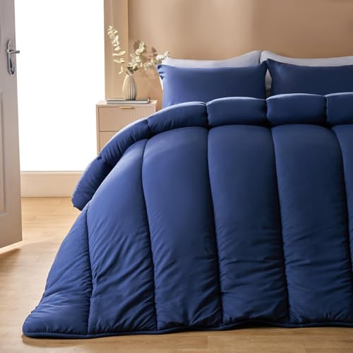 OHS Coverless Duvet King Size 10.5 Tog, Soft Warm Microfibre Fabric Comfortable Coverless Duvet Camping Summer Winter Washable Quilt King Size Duvets with Pillowcases, Navy