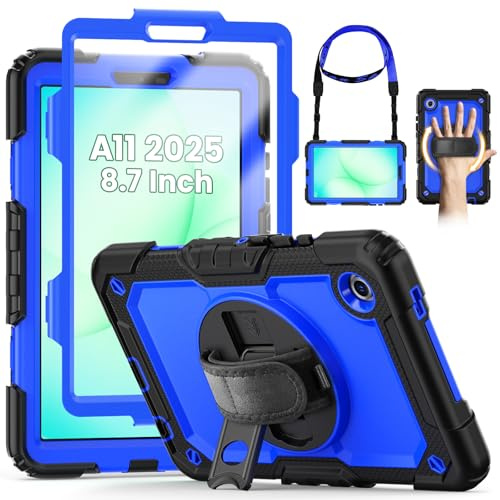 SEYMCY for Samsung Galaxy Tab A11 Case 8.7 Inch 2025 | Full Body Shockproof with Screen Protector, Rotating Hand Strap & Stand, Shoulder Strap for Samsung A11 Tablet Case, Blue