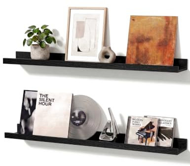 Mifurn Bilderleiste Schwarz 60 cm, 2er Set Wandregal mit erhöhter Vorder- und Rückkante, modernes Schweberegal für Bilderrahmen, Bücher und Deko, Bilderregal für Wohnzimmer, Küche und Schlafzimmer