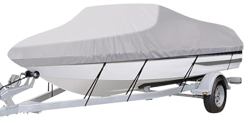 Abdeckplanen für Boote, Bootsplane Wasserdicht, 600D Oxford Gewebe Bootsabdeckung Persenning, Grau, Anti-UV und Wasserdicht, für V-Rumpf Boote, Ruderboot, Angelboot, Größe 14-16FT