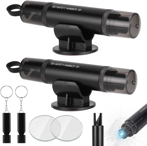 2Pcs Rompivetro Auto e Taglia Cintura Rompi Vetro Emergenza Sicurezza 2 in 1 Martelletto Frangi Martello con Punte Indurite Tagliacintura Frangivetro con 2 Vetro di Prova, 2 Supporti, 2 Fischietti
