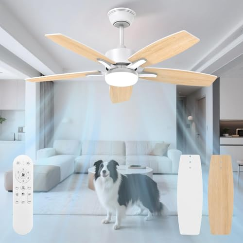 Mefine Ventilatore da Soffitto con Luce e Telecomando Silenzioso, 106cm Dimmerabile Lampada Ventilatore da Soffitto con 5 Pale Doppie, Legno Chiaro/Bianco per Camera da Letto, Soggiorno