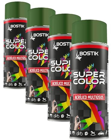 Bostik SUPER COLOR VERDE HOJA RAL 6002, Pintura en Spray Acrílica para Uso Profesional y Doméstico, Multiusos, Secado Rápido, Acabado Brillante, Interior y Exterior, Bote 400 ml (Paquete de 4)