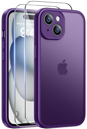 FLLAO Coque pour iPhone 15 avec 2 Pièces de Verre Trempé, Militaire Étui de Mince Bumper Housse, Silicone en Gel TPU Souple Compatible avec iPhone 15 - Violet Foncé
