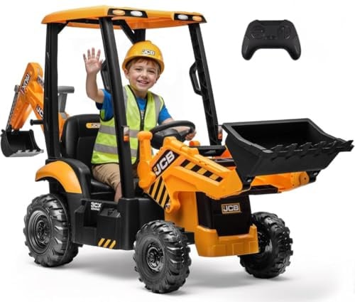 JCB Escavatore Elettrico per Bambini 24V 4 in 1 – Trattore Escavatore Cavalcabile con Telecomando Parentale, Benna Frontale, Braccio Posteriore, Sedile Girevole e Ammortizzatori