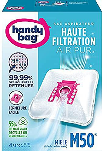 Handy Bag - Sacs aspirateur M50 x4sacs - Compatibles Miele - 99,99% des poussières retenues - Fermeture facile - Filtre anti-allergène - 55% de matériaux recyclés, Blanc
