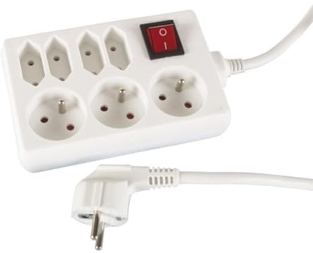 Perel Bloque multiplicado con Interruptor, 4 enchufes Euro, 3 dosis con Tierra Francesa (Tipo E), 1.5 m, 3g1.5, Uso Interno, Blanco