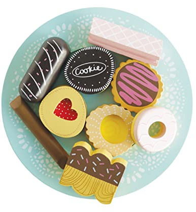 Le Toy Van - Educational Wooden Toy Role Play Biscuit Set Age 2+ | Pretend Play Afternoon Tea And Cakes Wooden Play Food, TV298