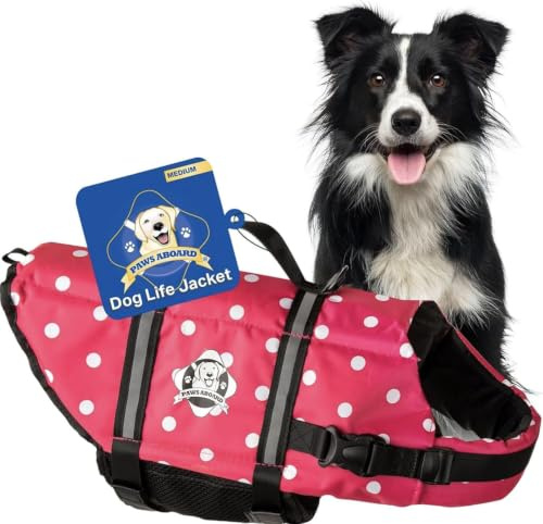Paws Aboard Dog Life Jacket - Swimming Vest for Dogs, Adjustable, Reflective, Comfortable, Multiple Colors, Patterns, XX-Small to Extra Large Dog Swim Vest with Handle (Pink Polka Dot, Medium)