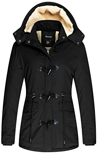 Wantdo Femme Veste Matelassé Coton Chaude Coupe-Vent Blouson avec Capuche Fausse Fourrure Manteau Hiver Long Casual Slim Fit Décontracté Noir XXL
