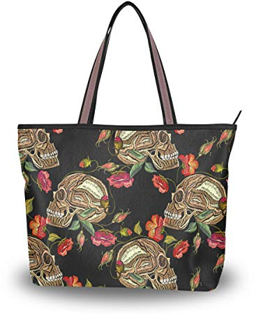 Damen Umhängetasche Totenkopf mit Blumen Große Handtasche Tote Strand Taschen für Frauen, Mehrfarbig - multi - Größe: Large