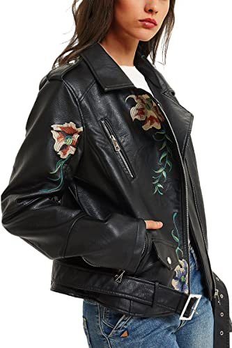 BELLIVERA Donna Giacca di ecopelle Primavera Pelle Autunno Vestiti Motociclista Cintura Floreale Corto Cappotto 1702020 L