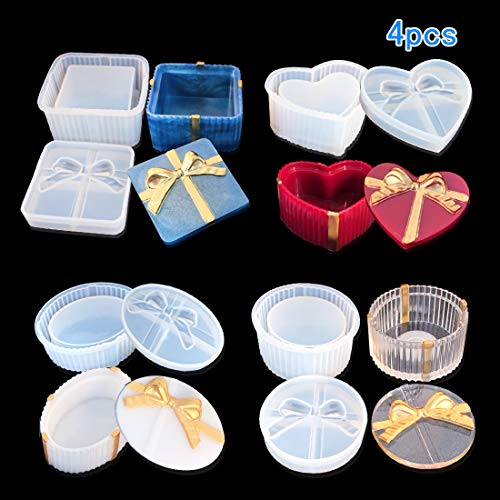 FineInno 4 Stücke Vorratsdosen Harz Formen,Box Resin Mold,Round,Square,Oval,Heart Epoxidharz Silikonform DIY Gießharz Gießform, Kerzenform
