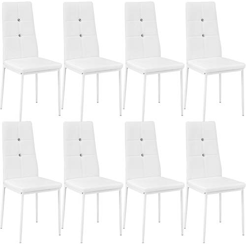 tectake® 8er Set Stühle Esszimmer, 8X bequemer Stuhl Kunstleder mit Glitzersteinen, Esszimmerstühle, Polsterstuhl für Wohnzimmer, Dining Table, Küchentisch, Essstühle, hohe Rückenlehne - weiß