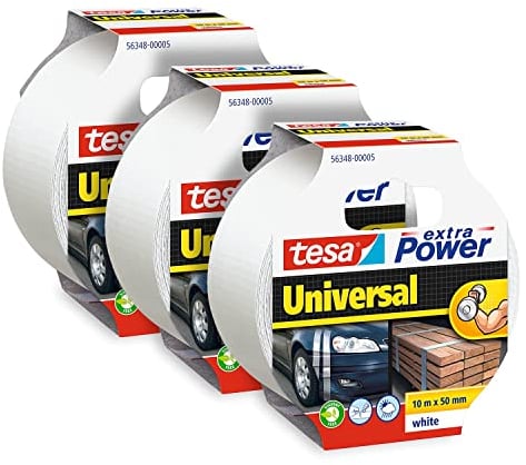 tesa extra Power Universal Gewebeband - Klebeband mit extra starkem Halt - vielseitiges Duct Tape für Reparaturen, zum Befestigen, Abdichten und mehr - Weiß - 3 Rollen - 10 m x 50 mm