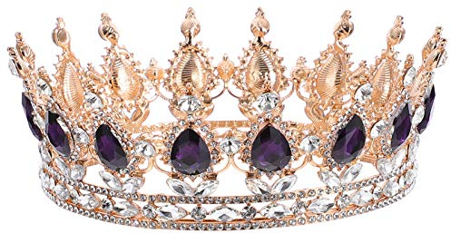 Lurrose Barock Königin Krone Lila Strasskrone Runde Krone Strass Kristall Strass Hochzeits Tiara für Geburtstag Hochzeit Party Halloween (15.00X5.5X5.5 CM)