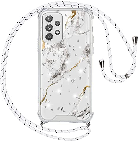 Vauki Handykette Hülle für Samsung Galaxy A52 5G, Necklace mit Marmor Glitzer Handyhülle mit Band Transparent Silikon Kordel zum Umhängen Schutzhülle mit Schnur Case für Samsung A52 5G 6,5, Weiß