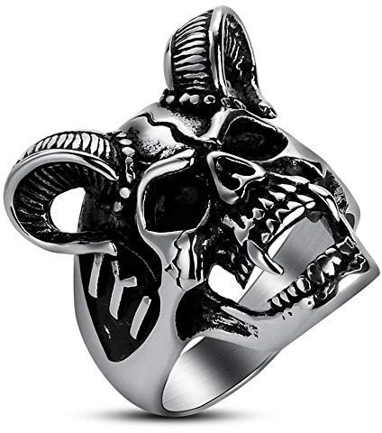 Herren Horn Ziege Schädel Ring Silber Edelstahl Statement Ring Punk Biker Gothic Schmuck Größe 54