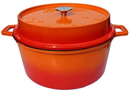 Grillfürst farbig emaillierter Dutch Oven ca. 9 Liter Fassungsvermögen - stabil stehender Gusseisentopf ohne Füße, orangefarbene kratzfeste Emaillierung, multifunktional, ca. 21 x 40,4 cm, DO9