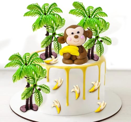 11 PCS Monkey Cake Topper with Coconut Trees Banana Cake Decoration | Jungle Safari Animal Themed Birthday Baby Shower Party Supplies