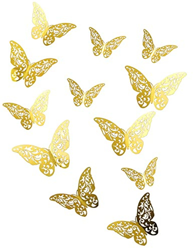 3D Schmetterling Deko Wand Wandsticker 12 Stück DIY Abnehmbare Schmetterling Aufkleber Hohle Wandtattoos Art Wandaufkleber für Wohnzimmer, Kinderzimmer, Zuhause, Hochzeit, Party Dekoration (Gold)