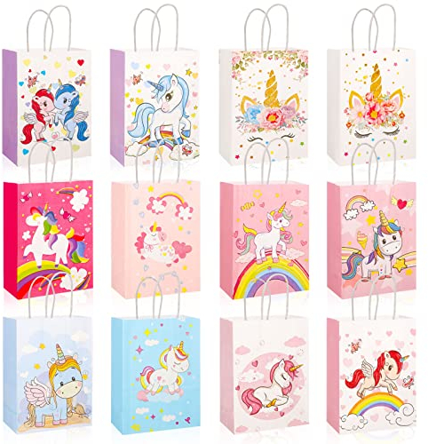 Xinstroe 12 Stück Papiertüten Kinder Geschenktüten Partytüten Einhorn Papiertüten Papier Tüten zum Verpacken von Geschenken, Giveaways, Kindergeburtstag, Hochzeit, Party
