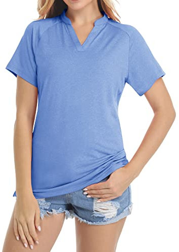 KEFITEVD Funktionsshirt Kurzarm Damen Sonnenschutz Polo T-Shirt Outdoor Poloshirt Fitness Sportshirts Frauen Sommer Hemd Slim Fit Golf Freizeithemd Sports Lauftop mit Kragen Hellblau Meliert XL