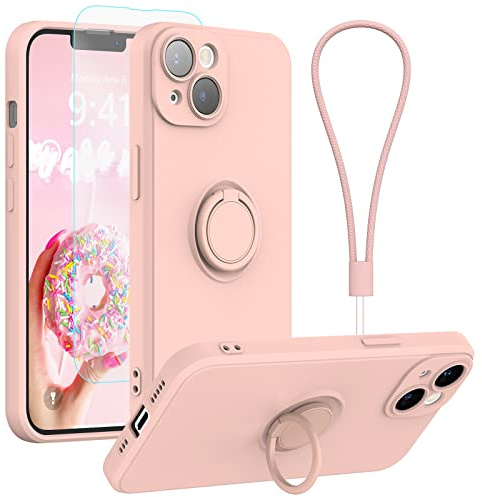 pcgaga Silicone Phone Case for iPhone 14 Plus with Screen Protector [Ring Holder Stand] [Wrist Strap] [Microfiber Lining] Slim Shockproof Protective Cover, 6.7 Inch, Pink