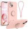 pcgaga Silicone Phone Case for iPhone 14 Plus with Screen Protector [Ring Holder Stand] [Wrist Strap] [Microfiber Lining] Slim Shockproof Protective Cover, 6.7 Inch, Pink