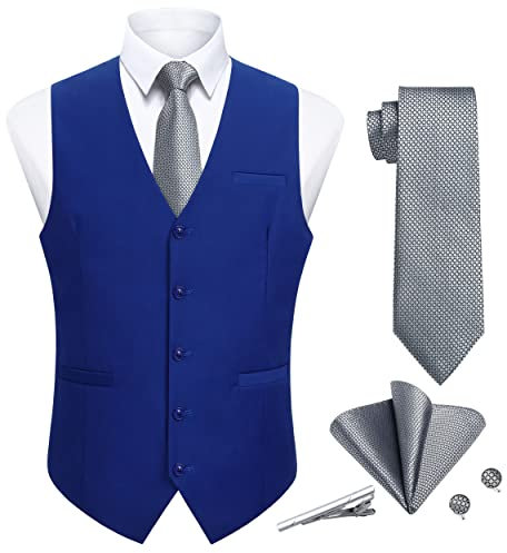 Enlision Anzugweste Herren Blau Formale Elegant Weste Krawatte Einstecktuch Set Einfarbige Baumwolle Anzugwesten Königsblau für Hochzeit Party S