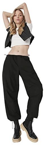 Trendyol Pantalones de Mezclilla de Pierna Ancha de Cintura Normal para Mujer, Negro, 60