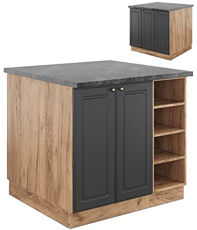 Vicco Kücheninsel Fame-Line, Anthrazit-Gold/Goldkraft Eiche, 90 cm | MDF-Front · 6 Einlegeböden · Höhenverst. Füße · Metallgriffe · Soft-Close