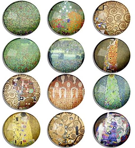 Berkin Arts 12 Stück Niedliche Runde Kristallglas Starke Magnetische Kühlschrankmagneten Kühlschrankaufkleber Cloisonnismus Vintage Baum des Lebens Der Kuss Gustav Klimt Serie