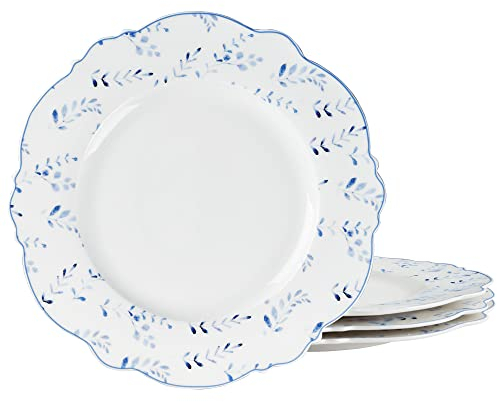fanquare Set 4 Piatti Piani in Porcellana Bianca Ø 27,5cm, Set di Stoviglie con Foglie ed Erba Blu per Catering e Uso Domestico