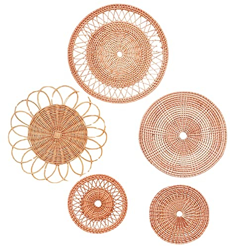 DCQRY Woven Wall Basket Decor Set of 5 Hanging Rattan Wicker Wall Baskets Round Boho Wall Basket Decor Decorative Wall Art for Living Room Bedroom Housewarming Gift