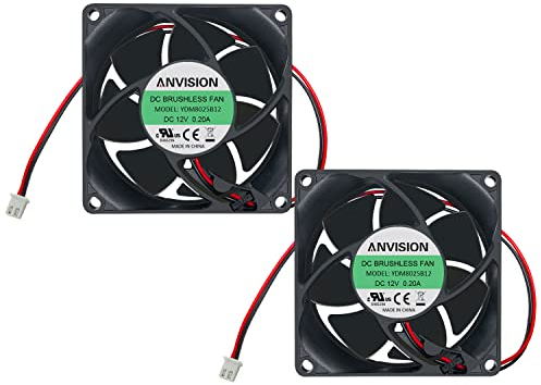 ANVISION Paquete de 2 ventiladores de refrigeración sin escobillas de 80 mm x 25 mm CC 12 V, rodamiento de bolas doble