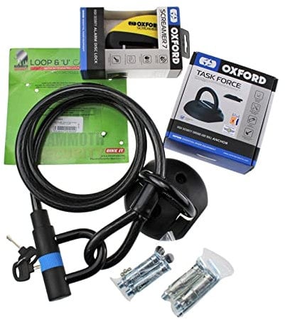 Motorbike Motorcycle Scooter Security Kit - Mammoth 1.6m Cable Loop & 14mm U Lock + Oxford Screamer Alarm Disc Lock Yellow/Black LK290 + Oxford Task Force Ground Anchor LK408