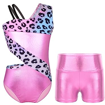 TTAO Gymnastikanzug Kinder Mädchen Ärmellos Turnanzug Trikotanzug Tanz Gymnastik Training Dancewear Gymnastikbody mit Haarband und Shorts Leopard G 158-164