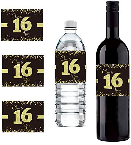Sumerk 24 Pcs 16th Birthday Bottle Labels Cheers to 16 Years Stickers 16th Happy Birthday Gift Idea Decorations 16th Sticker for Birthday/Wedding Party